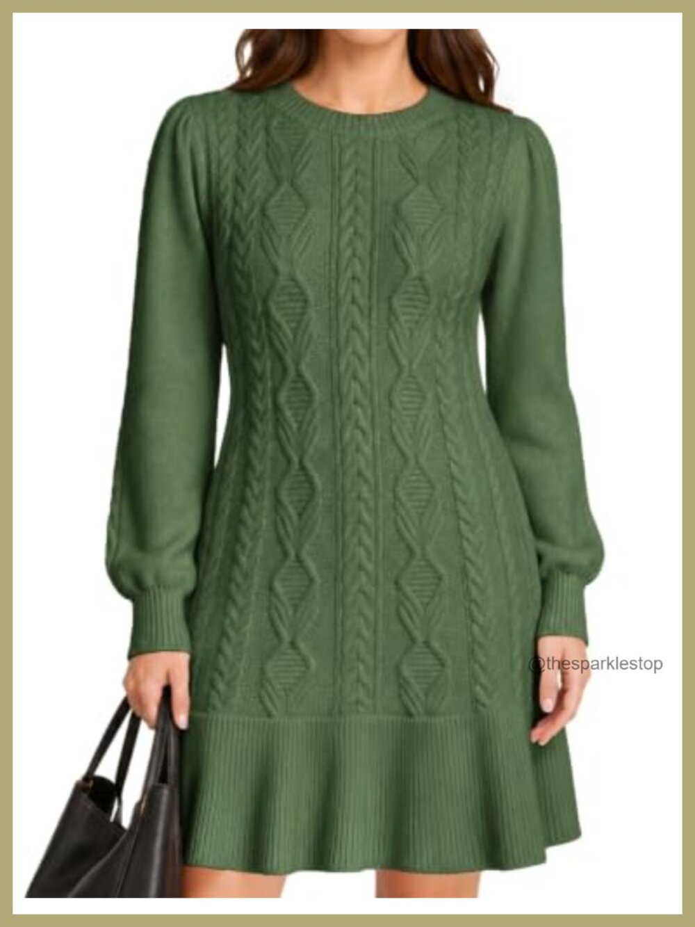 Women's Cable Knit Sweater Dress Puff Sleeve Mini A-Line Pullover